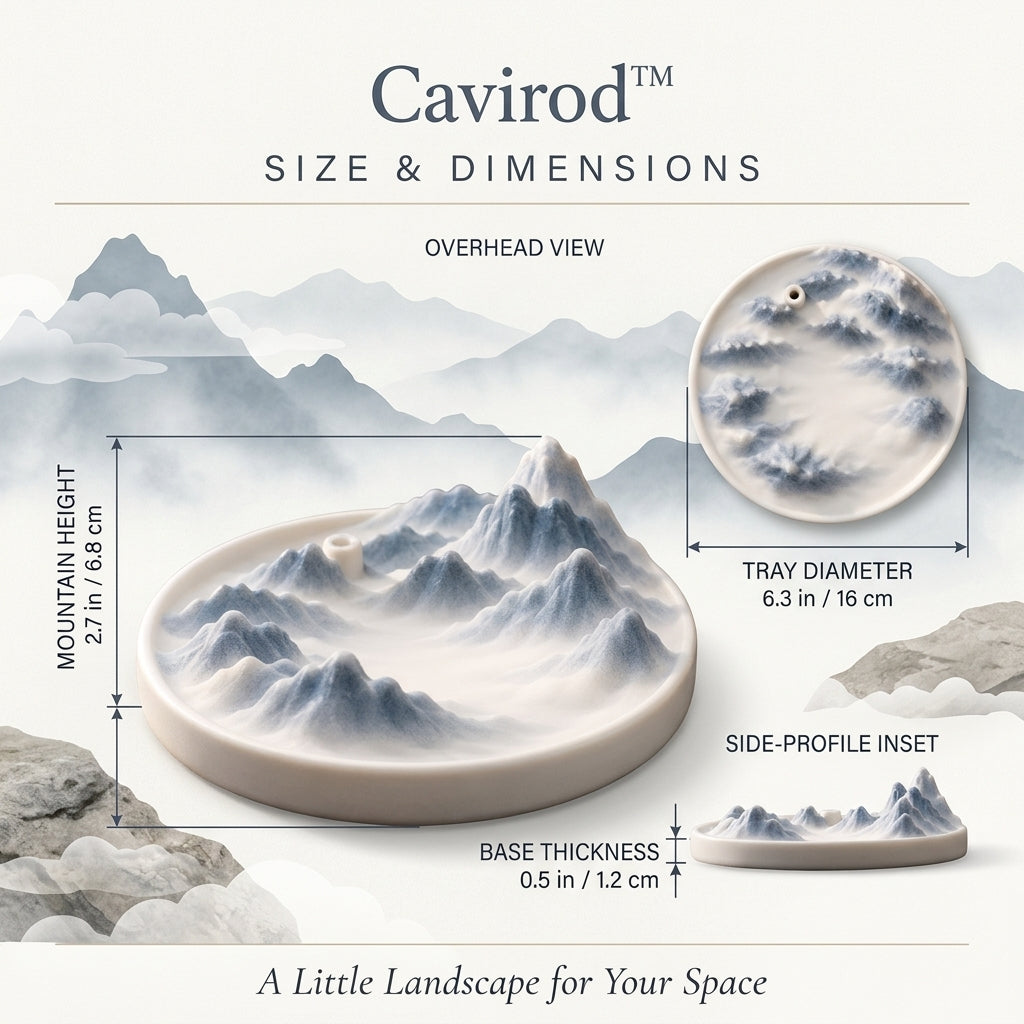 Cavirod™ Ocean-Teal Mountain Landscape Incense Holder — Coastal Breeze Edition Dimensions