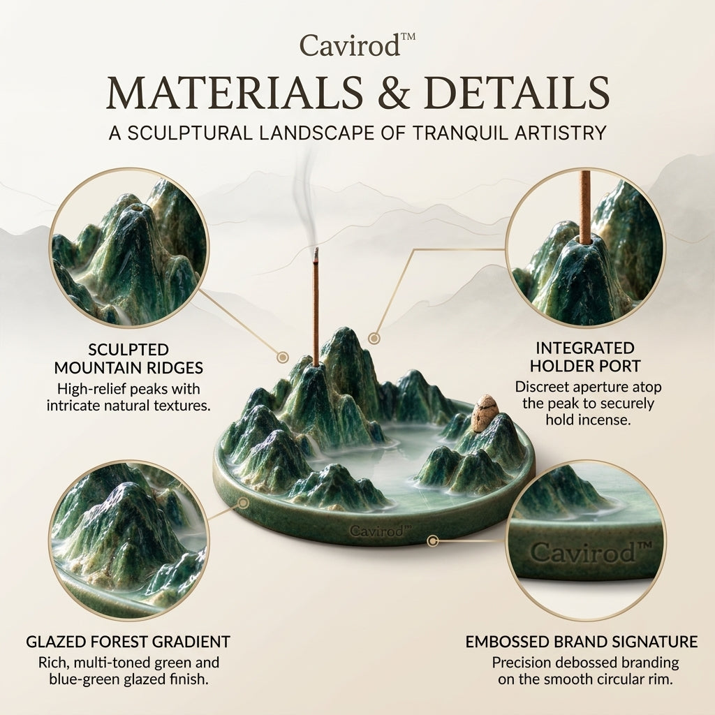 Cavirod™ Rose Dawn Mountain Incense Holder — Blush Landscape Art Details